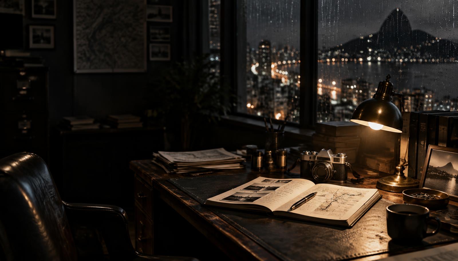 Escritório de investigação com vista noturna para a cidade